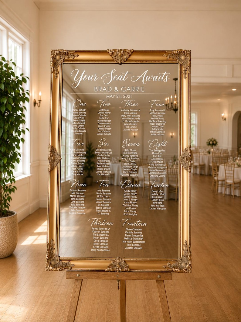 Wedding Seating Chart Mirror | Personalized Seating Chart | Elegant Wedding Mirror | Gold Framed Reception Sign | Custom Guest List Display image 1
