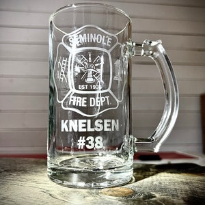 Personalized Fire Dept Logo Mug|Personalized Beer Stein|Glass Beer Mug|Custom Beer Mug|Fire Department Gift|Police Gift|Man Cave|Serve ware