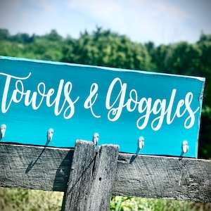 Hand Painted Towels and Goggles Sign|Farmhouse Towel Rack|Distressed Hanging Rustic Reclaimed Barnwood Hot Tub Sign|Pool Sign|Teal Farm Sign