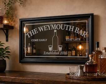 Personlig barspegel för hemmabruk | Graverad barskylt | Whiskybardekor | Väggkonst för man cave | Spegel för spritflaskor | 12x24