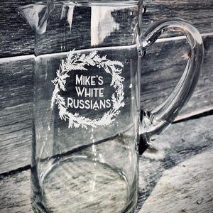 Custom Etched Glass Pitcher - Wreath Design - Personalized Cocktail or Beverage Pitcher