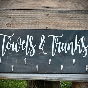 Hand Painted Rustic Grey Towel & Trunks Sign|Farmhouse Towel Rack|Distressed Hanging Rustic Barnwood Hot Tub Sign|Pool Sign|Small Space