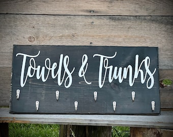 Hand Painted Rustic Grey Towel & Trunks Sign|Farmhouse Towel Rack|Distressed Hanging Rustic Barnwood Hot Tub Sign|Pool Sign|Small Space