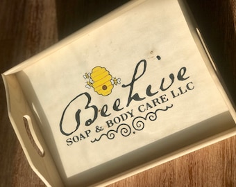 Bandeja de madera personalizada, bandeja de servicio rústico, bandeja de madera con asas, bandeja de madera, bandeja de madera con asas, regalos personalizados, bandeja otomana
