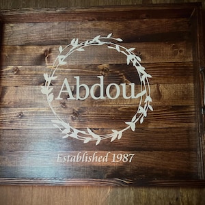 Custom Stained Wood Ottoman Tray|Monogram Stained Wood Tray|Rustic Serving Tray|Wooden Oftoman Tray with Handles|Wood Tray Centerpiece|20x24