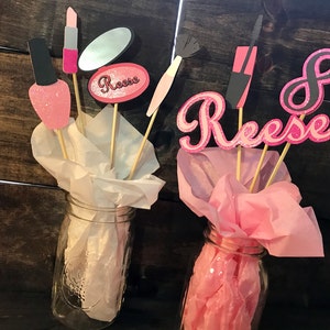 Custom Spa, Glam, Make-Up Birthday Cupcake Toppers or Centerpiece Stakes, Makeover Party, Tween Birthday, Makeover Birthday, Teen Birthday