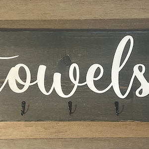 Custom Hand-Painted Rustic Grey Towel Rack with Hooks - Personalized Charm for Your Home