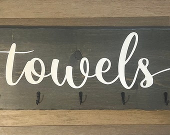 Custom Hand-Painted Rustic Grey Towel Rack with Hooks - Personalized Charm for Your Home