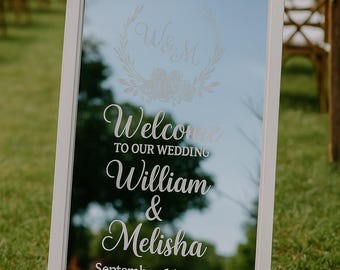 Custom Engraved Wedding Mirror Sign | Personalized Welcome Sign with Names and Date | Elegant Framed Mirror Décor