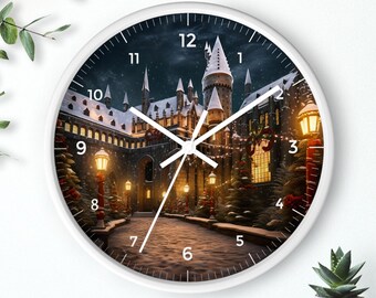 Zauberer Weihnachten Wanduhr • Magisches Schloss bei Nacht Wanduhr • Fantasy Zauberschule Schloss Uhr • Zauberer Schule Inspirierte Wanddekoration