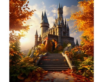 Fall In Wizard's School-poster • Wizards magische aquarelkunstafdruk • Fantasie magische school kasteel muur decor • Wizard's Castle kunstafdruk