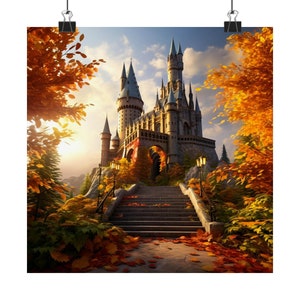 Fall In Wizard&#39;s School Poster • Wizards Magical Watercolor Art Print • Fantasy Magic School Castle Wall Decor • Wizard&#39;s Castle Art Print