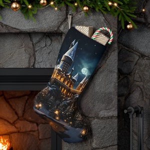 Christmas at Wizard School Stocking • Wizard&#39;s Christmas Stocking • Fantasy Magic School Castle Holiday Decor • Wizard&#39;s Magical Castle