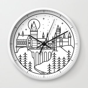 May include: A black and white line art clock featuring a stylized illustration of Hogwarts castle, a magical school from the Harry Potter series. The clock face is surrounded by a white border and has a black clock hand.