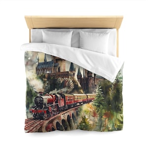 Ropa de cama del tren del mago • Funda nórdica con acuarela del Wizards Magical Express • Funda nórdica del tren mágico • Funda nórdica del castillo de la escuela de magia de fantasía