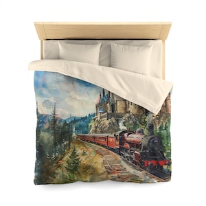 Funda nórdica con acuarela de Wizards Magical Express • Ropa de cama Wizard&#39;s Train • Edredón Magic Train • Funda nórdica Fantasy Magic School Castle