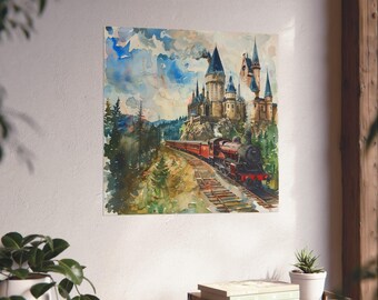 Wizards Magical Express Watercolor Poster • Wizard's Train Art Print • Magical Train Art Print •  Fantasy Magic Castle Watercolor Art Print