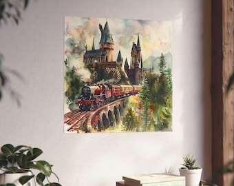 Tovenaarstrein kunstafdruk • Wizards Express aquarelposter • Magische trein kunstafdruk • Tovenaarskasteel kunstafdruk • Magische schoolposter