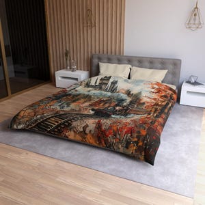 Funda nórdica Tren del mago en otoño • Ropa de cama con acuarela Wizards Magical Express • Edredón Tren mágico • Funda nórdica Castillo de la escuela de fantasía
