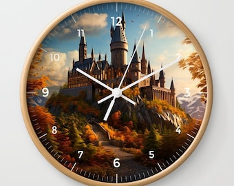Autumn At Wizarding School Wall Clock • Magical Castle Wall Clock • Fantasy Magic World Castle Wall Clock • Wizard School Art Wall Decor