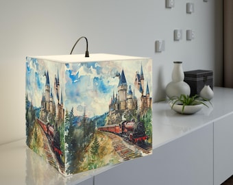 Wizard's Train Cube Lamp • Wizards Express Watercolor Night Light • Magical Train Lamp • Wizard's Castle Cube Lamp • Magic School Lamp Gift