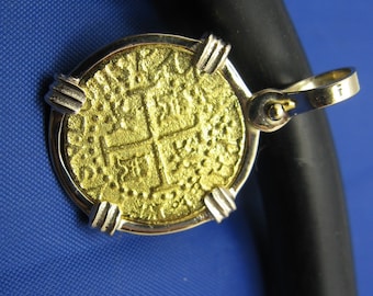 24k Gold Escudo Replica Pendant: 14k Yellow Gold Bezel, Pirate Treasure Coin
