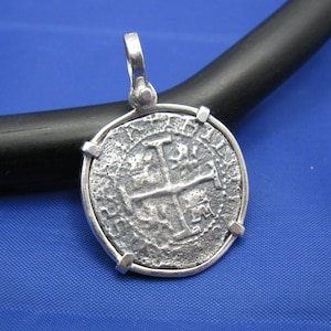 Sterling Silver Pirate Doubloon &quot;2 Reale&quot; Shipwreck Coin Pendant Replica with Shackle Bail 1.5&quot; x 1&quot;