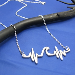 Sterling Silver Ocean Sea Wave Heartbeat Necklace, My Heart Beats for the Ocean, Unique Nautical Jewelry Handcrafted in Florida