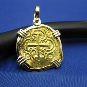 Odd Shaped Fine Solid 24k Pure Gold Spanish Shipwreck Coin inside Handmade 14k Bezel Pirate Treasure Coin Doubloon Reproduction Pendant