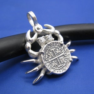 Sterling Silver Pirate Coin Replica Inside Custom Crab Bezel with Gemstone Eyes and Shackle Bail