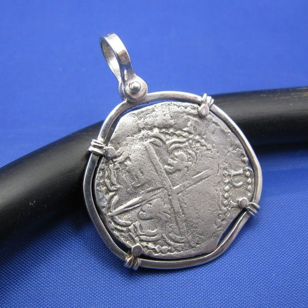 Sterling Silver Spanish "2 Reale" Atocha Treasure Replica Coin Pendant with Shackle Bail 1.5" x 1.2"