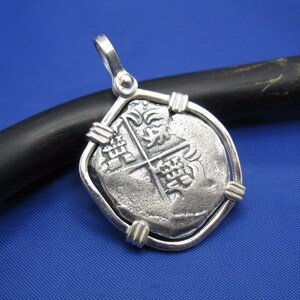 Sterling Silver Hand Bezeled &quot;2 Reale&quot; Atocha Shipwreck Reproduction Coin Pendant with Faded Markings