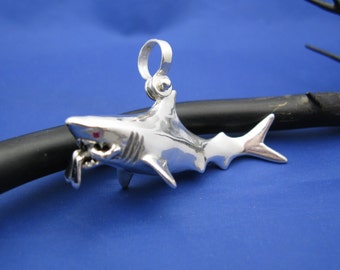 Extra Large Sterling Silver Shark Eating Diver in Mouth Pendant, Ruby Gemstone Eyes, Handmade, Florida Artist,