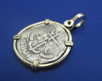 Unique Nautical Shipwreck Coin Pendant with Anchor Shaped Markings in 14k Bezel with Shackle Bail
