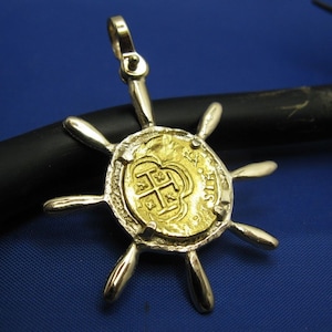 24k Escudo Shipwreck Coin Reproduction in Custom 14k Nautical Ship Wheel Pendant Bezel