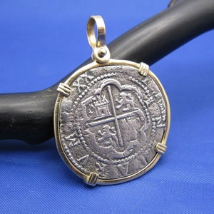 Pirate Pieces of 8 Reproduction Coin Cob Doubloon in 14k Solid Yellow Gold Bezel Nautical Pendant