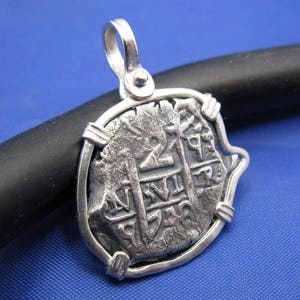 Sterling Silver &quot;2 Reale&quot; Odd Shaped Replica Doubloon Pendant Necklace Molded from Recovered Spanish Treasure Fleet Shipwreck Coin 1.2&quot; x 1&quot;