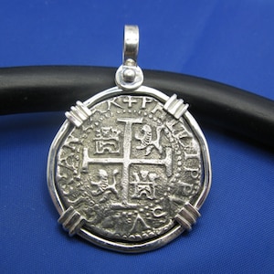 Large Sterling Silver Replica Pirate Coin Piece of Eight "8 Reale" Doubloon Pendant 1.75" x 1.25"