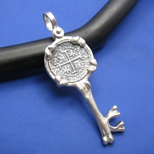 New Custom Handcrafted Sterling Silver Skeleton Bone Key Pendant with Pirate Shipwreck Coin