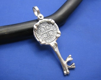New Custom Handcrafted Sterling Silver Skeleton Bone Key Pendant with Pirate Shipwreck Coin