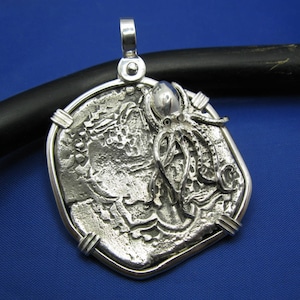 Extra Large Pirates of the Carribean Sterling Silver Replica Pirate Coin Piece of Eight &quot;8 Reale&quot; Doubloon Pendant with Octopus (2&quot; x 1.5&quot;)