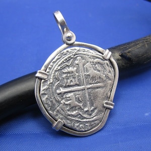 Sterling Silver Medium &quot;4 Reale&quot; Odd Shaped Spanish Colonial Pirate Shipwreck Treasure Coin Replica in Quality Custom Handmade Bezel Pendant