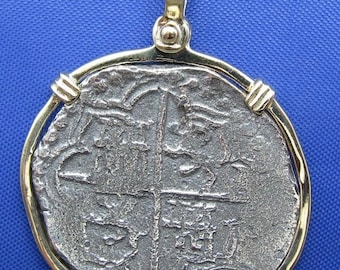14k Gold Pirate Coin Pendant: Sterling Silver 4 Reale Replica