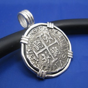 Large Sterling Silver Replica Pirate Coin Piece of Eight &quot;8 Reale&quot; Barrel Bail Pendant 1.75&quot; x 1.25&quot;
