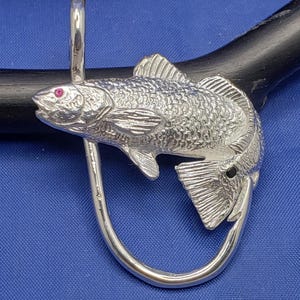 Large Unique Sterling Silver Curved Red Fish  Red Stone on Eye and Black onyx on Spot With Fish Hook Pendant