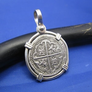 Sterling Silver "1 Reale" Atocha Replica Coin in Custom Sterling Bezel Pirate Key West Shipwreck Jewelry (Pendant Measures 1.25" x .75")