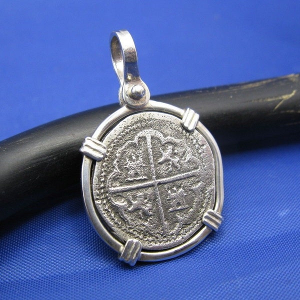 Sterling Silver "1 Reale" Atocha Replica Coin in Custom Sterling Bezel Pirate Key West Shipwreck Jewelry (Pendant Measures 1.25" x .75")
