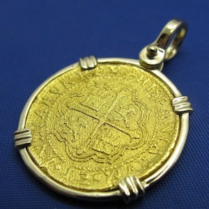 Solid 24k Gold Escudo Atocha Shipwreck Replica Pirate Pendant in Custom 14k Gold Bezel with Shackle Bail