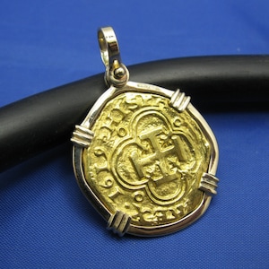 New Pendant: Solid Gold Pure 24k &#39;2&#39; Escudo Spanish Pirate Coin Atocha Replica in 14k Bezel with Shackle Bail (Rare Visible Dated Markings)