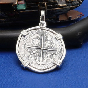 Sterling Silver Bezel With Pirate Coin Doubloon &quot;1 Reale&quot; Replica Atocha Shipwreck Pendant with Shackle Bail